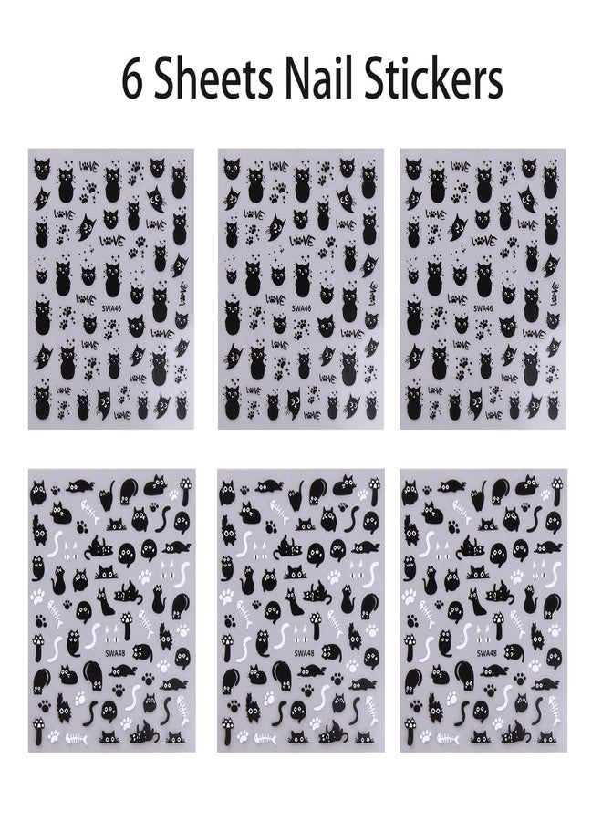 GRITOSE 6 Sheets Black Cat Nail Art Stickers Cute Animal Nail Stickers for Nail Art 3D Self-Adhesive Nail Decals Cute Funny Black Cat Sticker Design Holiday Nail Supplies for Women - Image 5